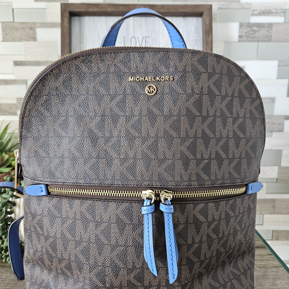 Michael Kors Brown Backpack with Blue Accents